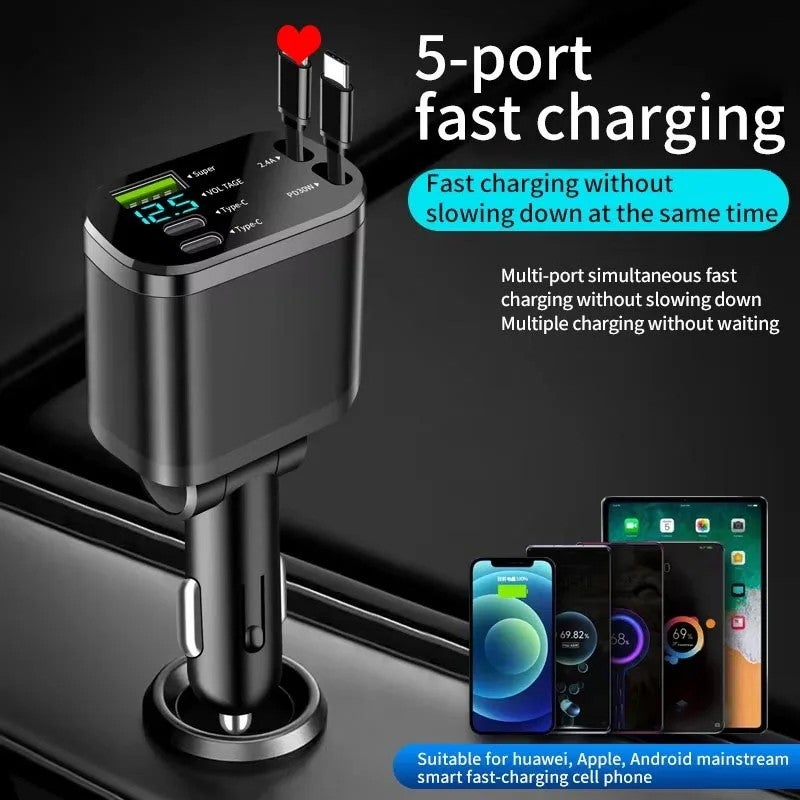 Bluejw 65W Retractable Cable Car Charger, 5 Port 4-in-1 Fast Charging Automobile Adapter with Voltage Display for iPhone/Samsung - Image 1